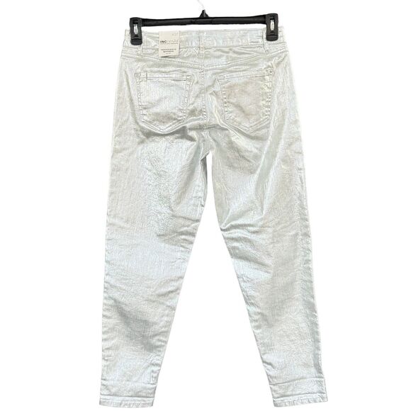 INC SZ 4/27 Boyfriend Pants Mid-Rise Stretch Silver Metallic Shiny Zip-Fly New - Picture 3 of 8